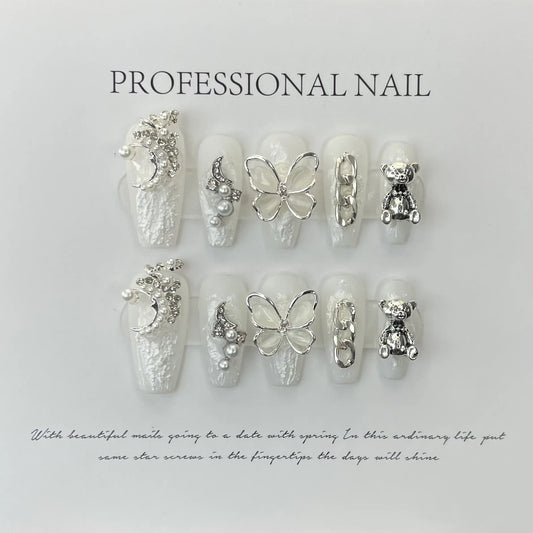 10Pcs Set White Butterfly Handmade Long Ballet Decoration Pearl Nails Tips Art